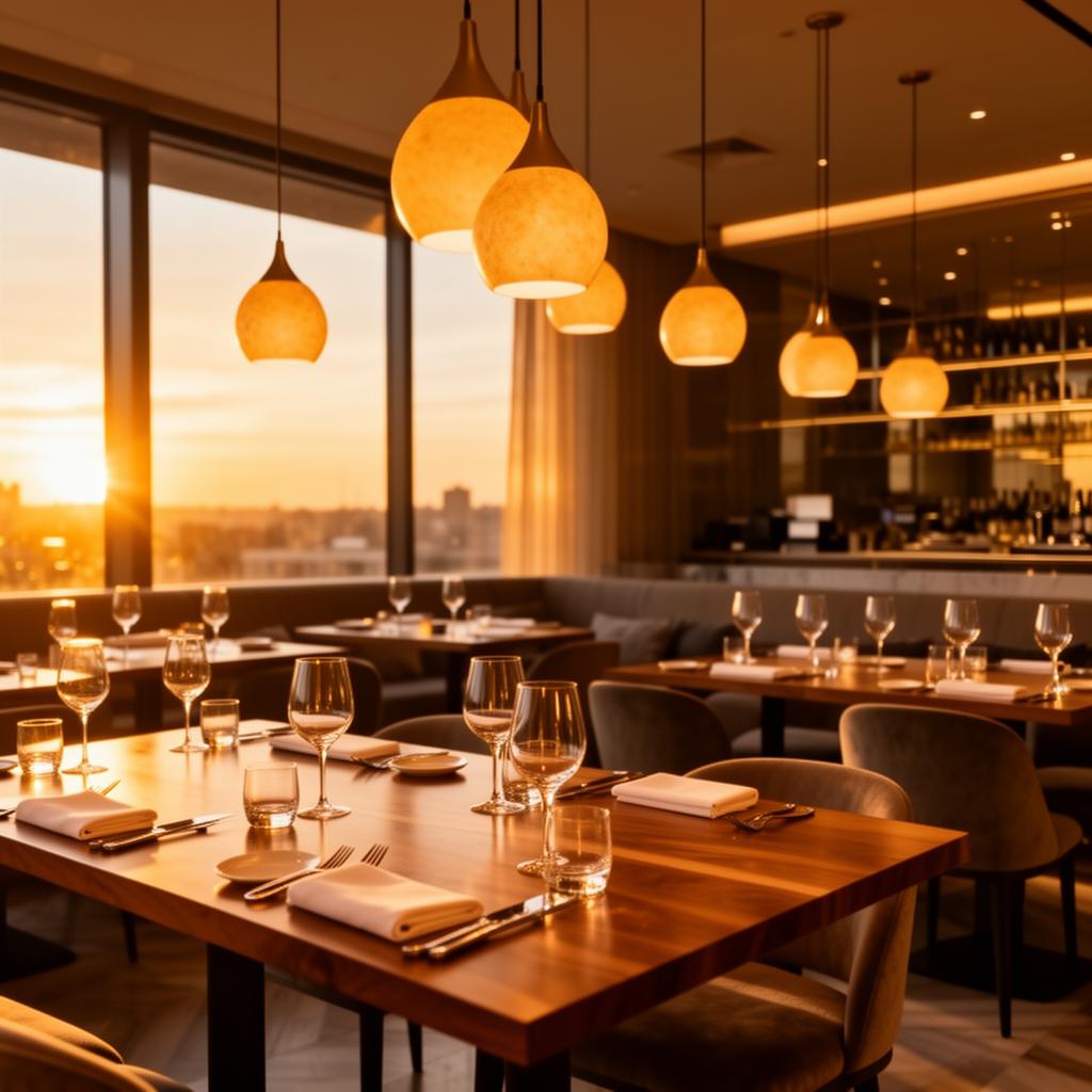 Elegant restaurant interior at golden hour
